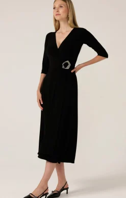 3/4 SLEEVE REVERSE WRAP MIDI DRESS IN BLACK
