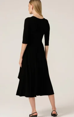 3/4 SLEEVE REVERSE WRAP MIDI DRESS IN BLACK