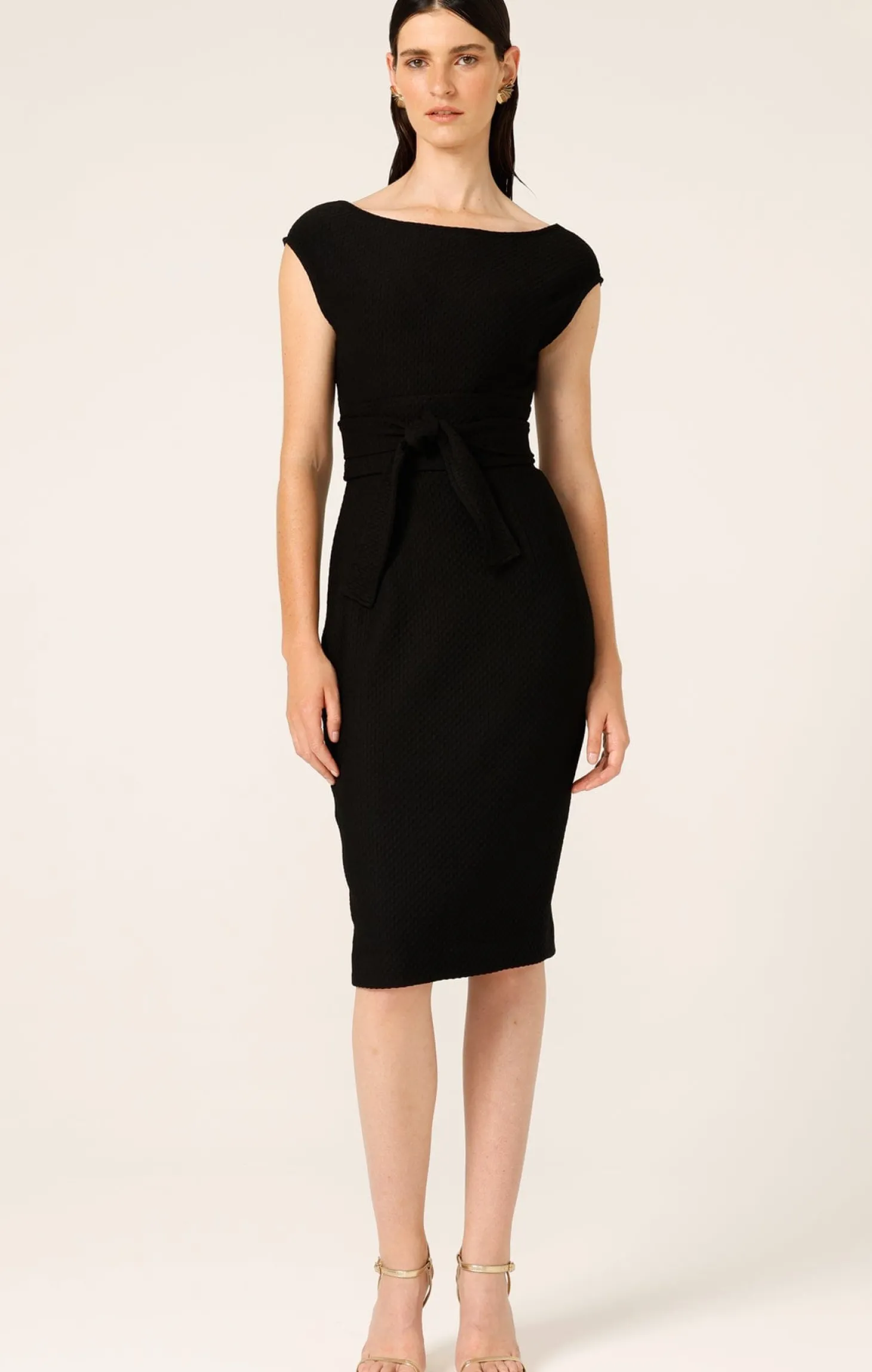 CHECKER COWL DRESS IN BLACK