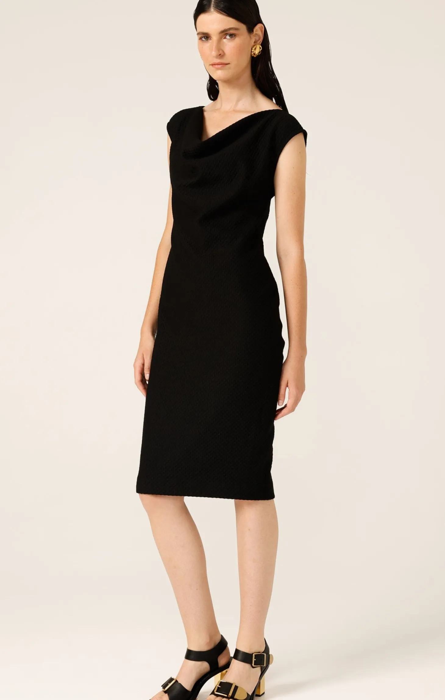 CHECKER COWL DRESS IN BLACK