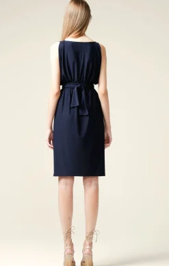 COLUMN DRAPE DRESS IN NAVY