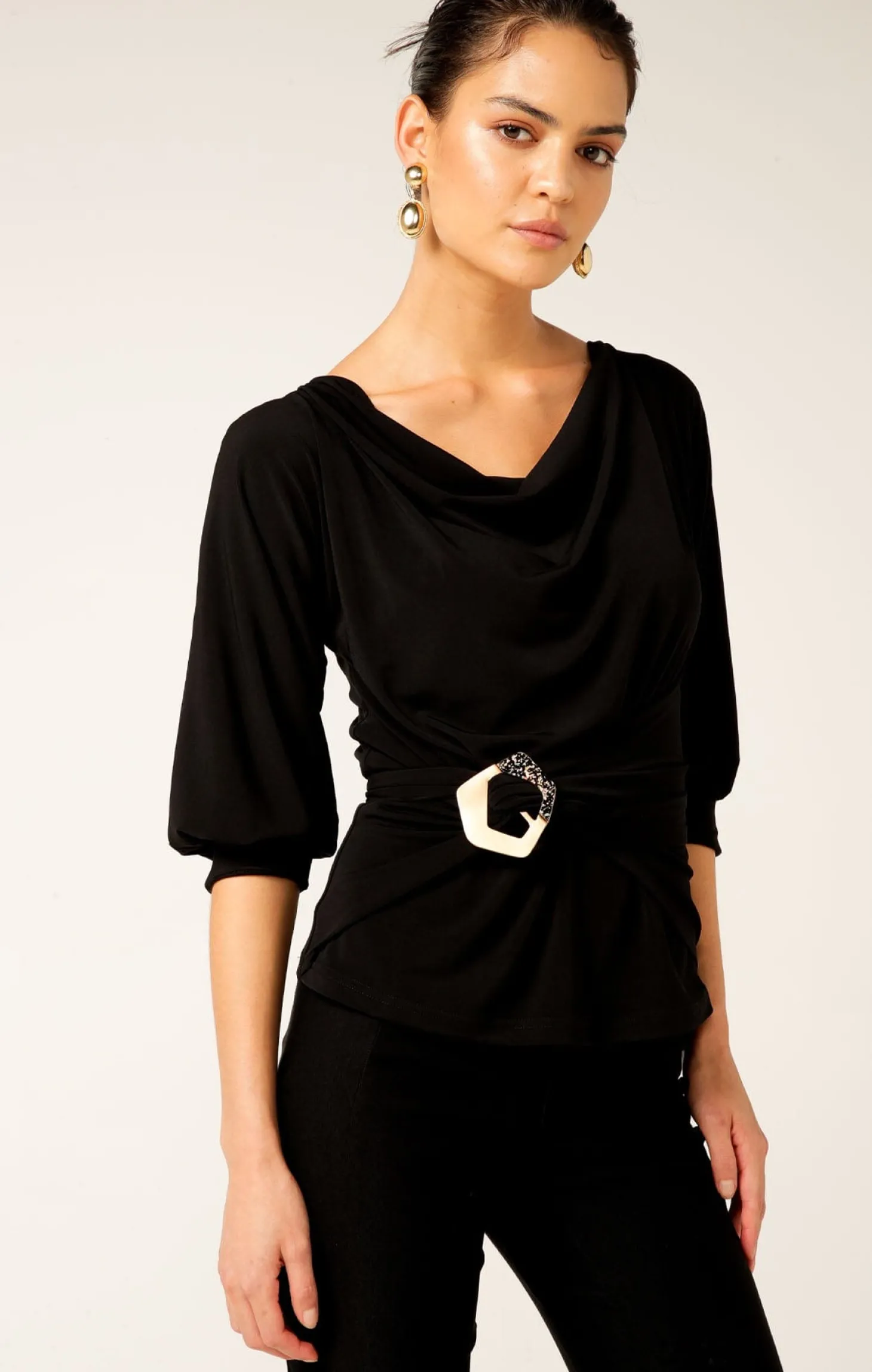 COWL TIE DRAPE TOP IN BLACK