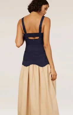 FORMATION MIDI DRESS IN NAVY & SAND