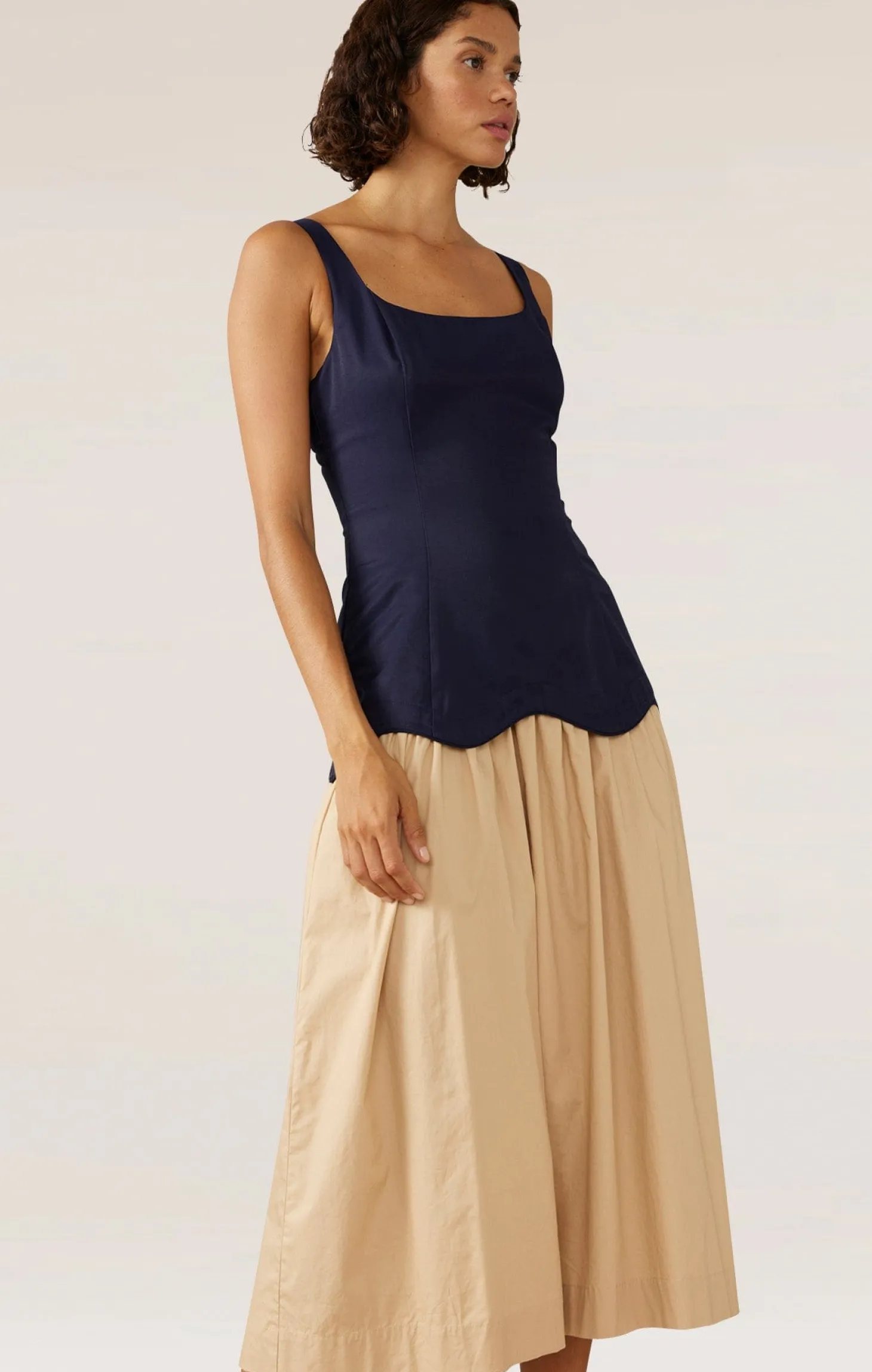 FORMATION MIDI DRESS IN NAVY & SAND