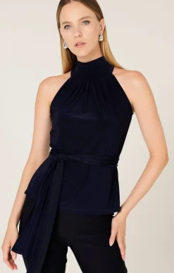 HIGH NECK TIE TOP IN NAVY