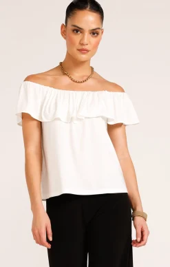OFF SHOULDER FRILL TOP IN IVORY