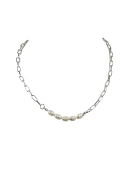 PEARL PANEL FRONT SHORT NECKLACE IN SILVER AND CREAM