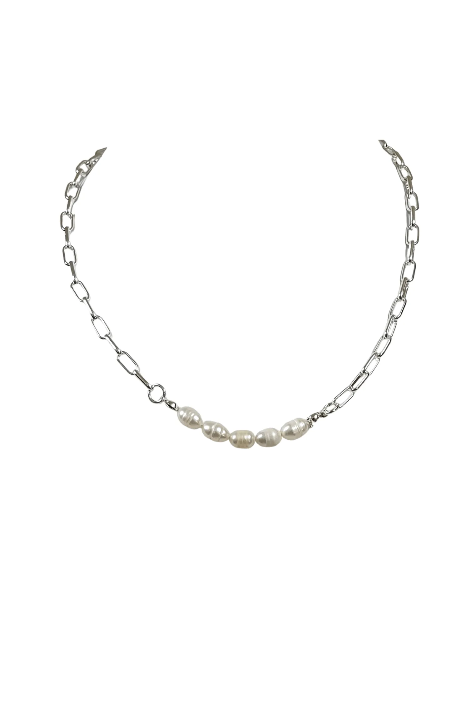 PEARL PANEL FRONT SHORT NECKLACE IN SILVER AND CREAM