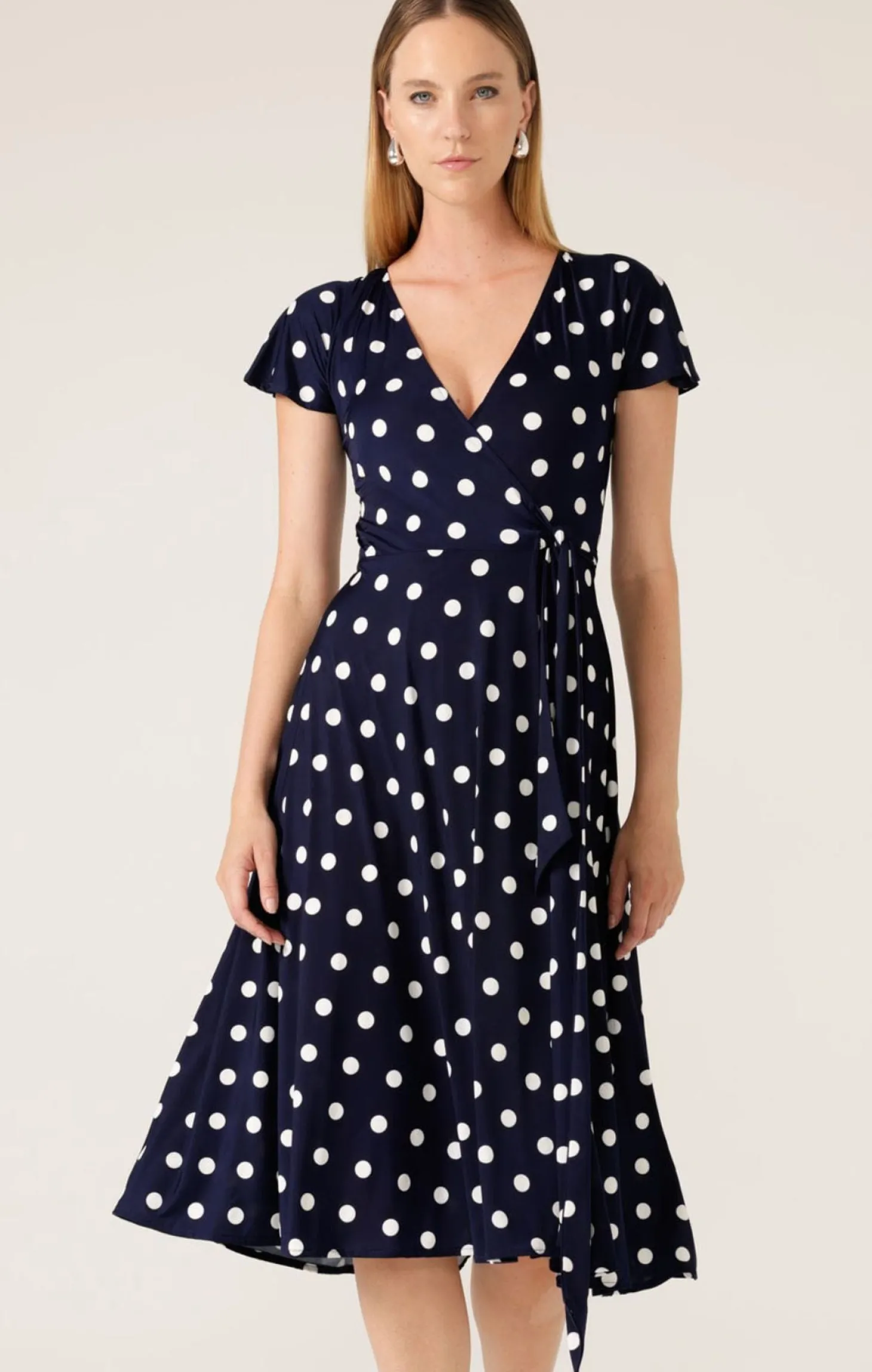 REVERSE WRAP MIDI DRESS IN NAVY WHITE SPOT
