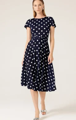 REVERSE WRAP MIDI DRESS IN NAVY WHITE SPOT