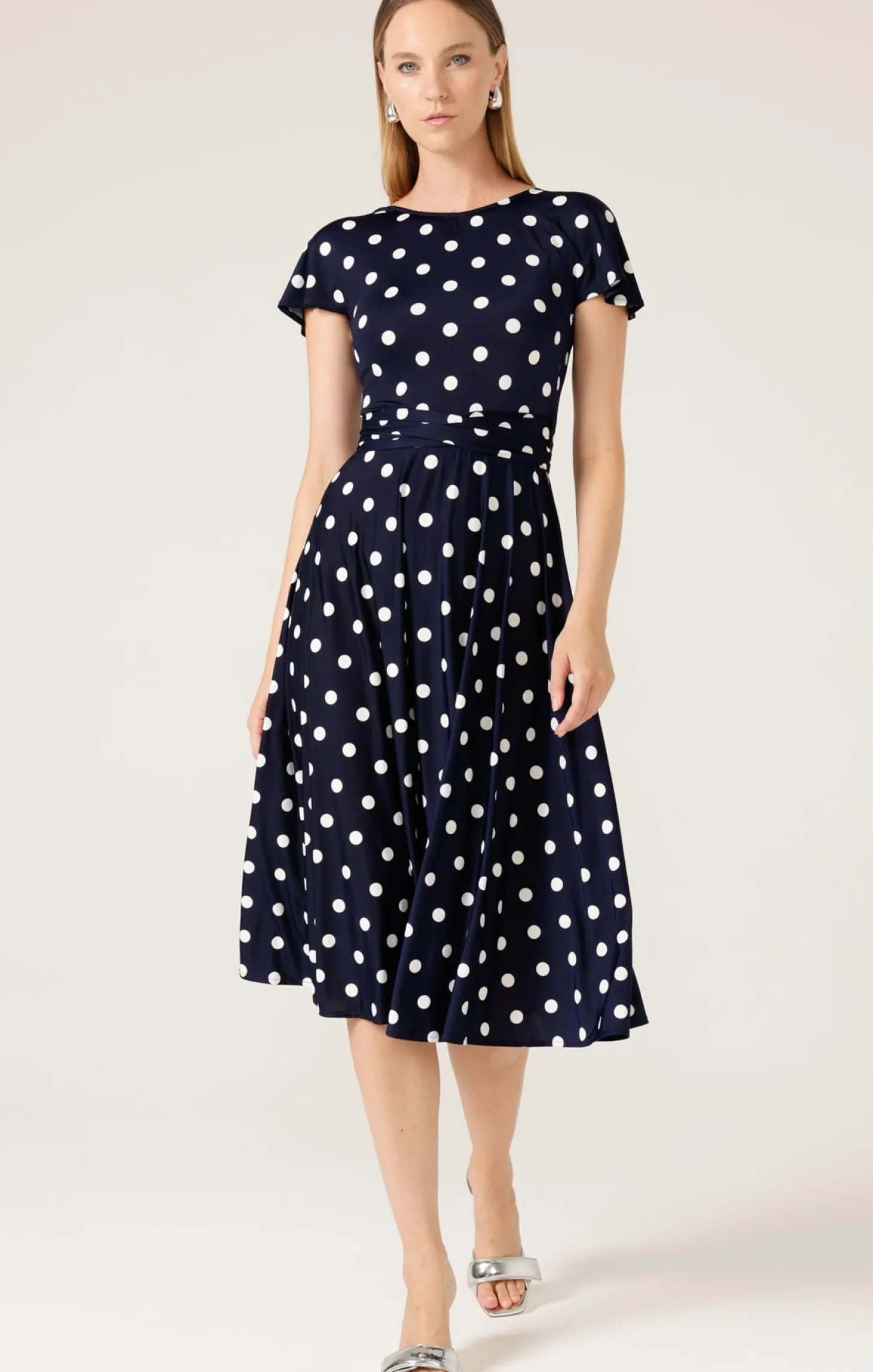 REVERSE WRAP MIDI DRESS IN NAVY WHITE SPOT