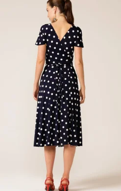REVERSE WRAP MIDI DRESS IN NAVY WHITE SPOT