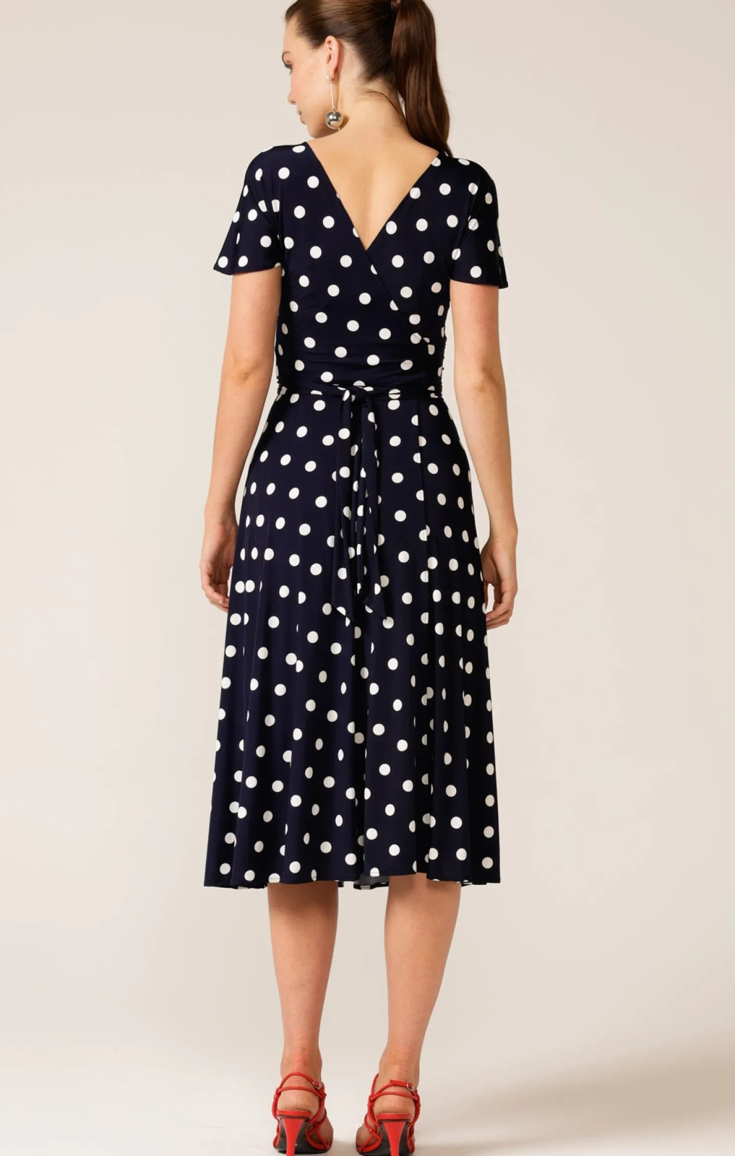 REVERSE WRAP MIDI DRESS IN NAVY WHITE SPOT