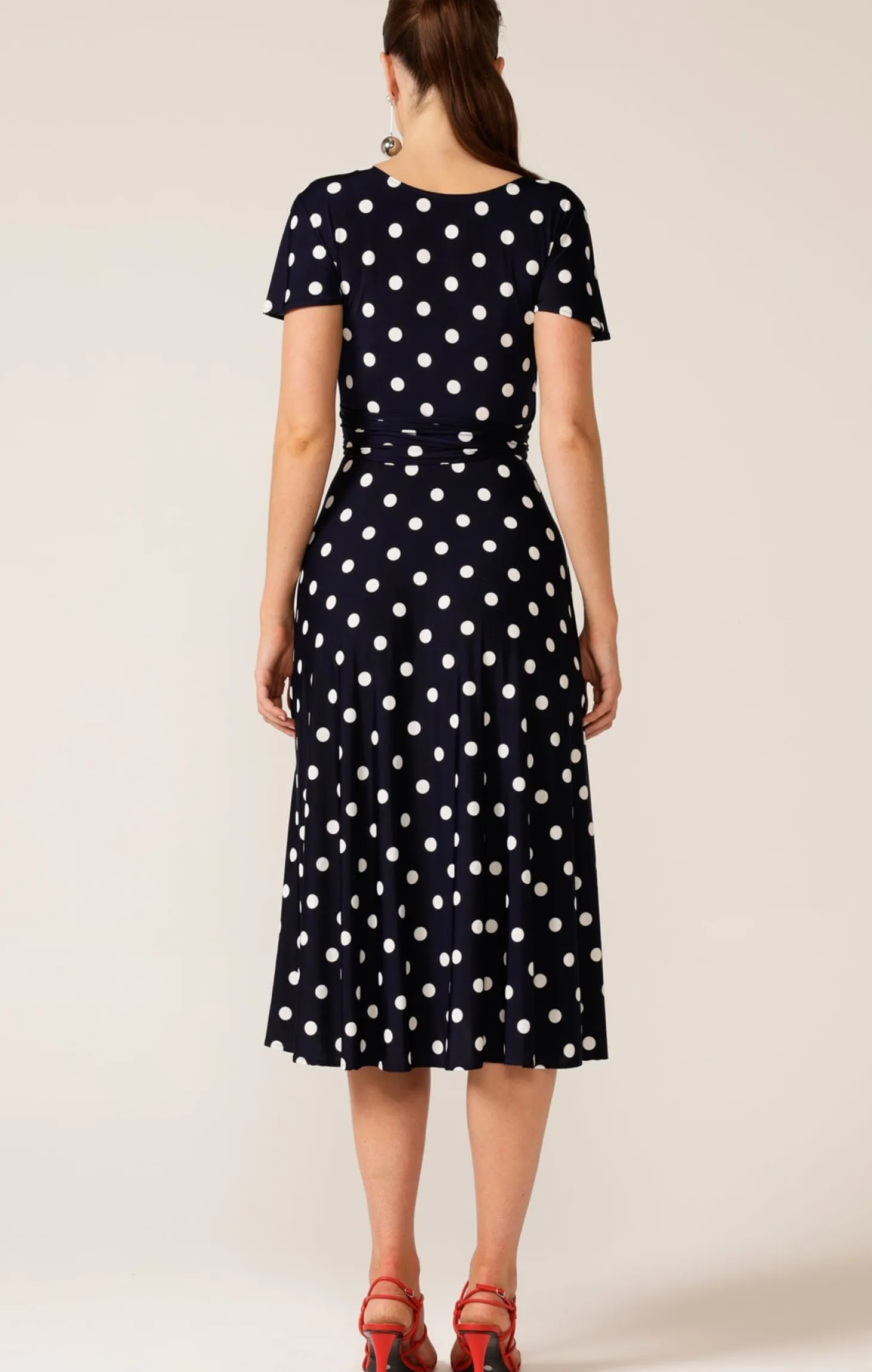 REVERSE WRAP MIDI DRESS IN NAVY WHITE SPOT
