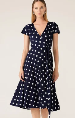 REVERSE WRAP MIDI DRESS IN NAVY WHITE SPOT