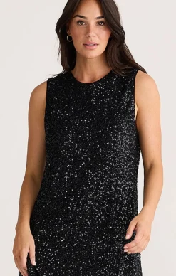 SHOW STOPPER SWING DRESS IN BLACK SEQUIN