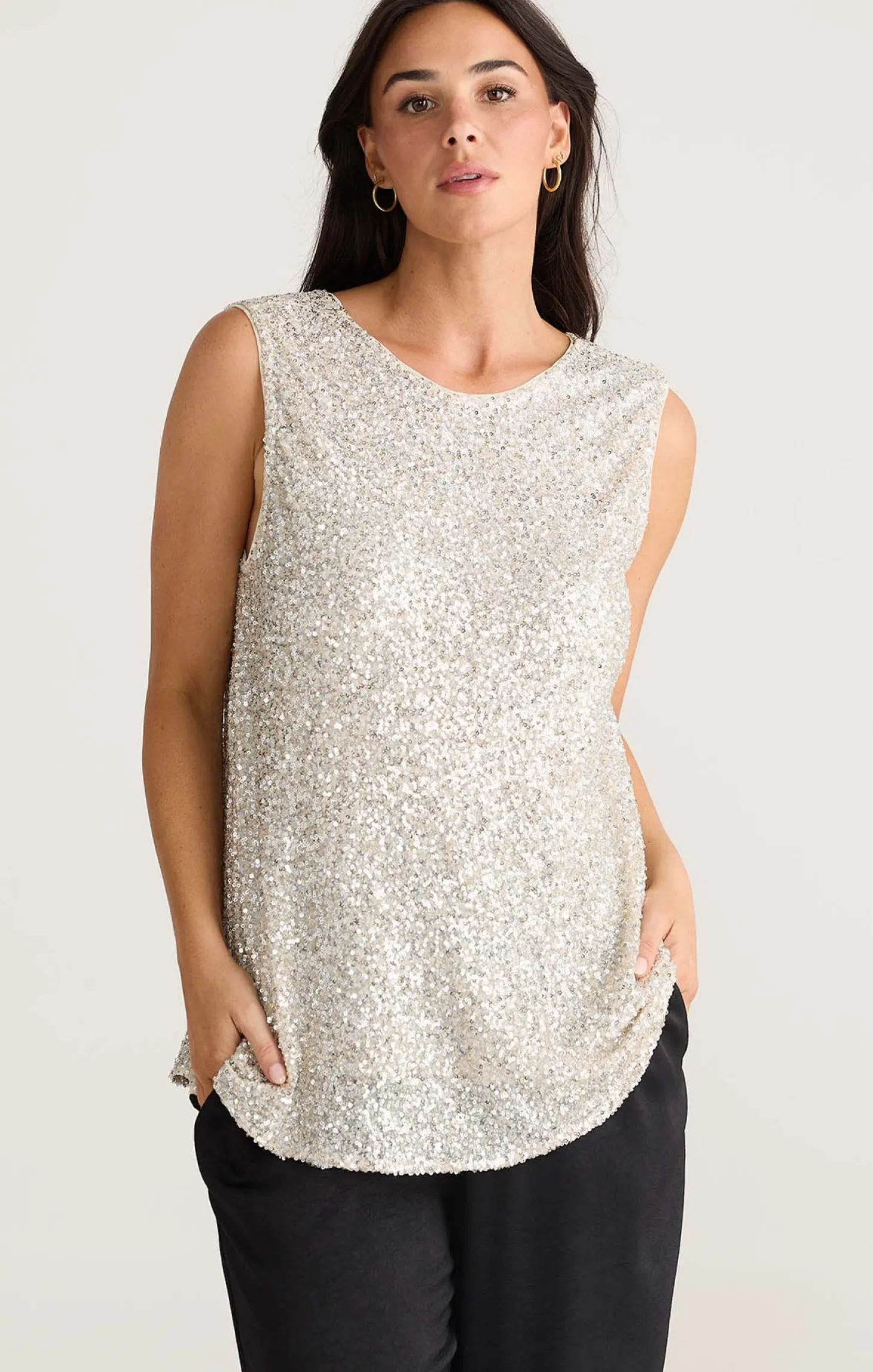 SHOW STOPPER TOP IN CHAMPAGNE SEQUIN