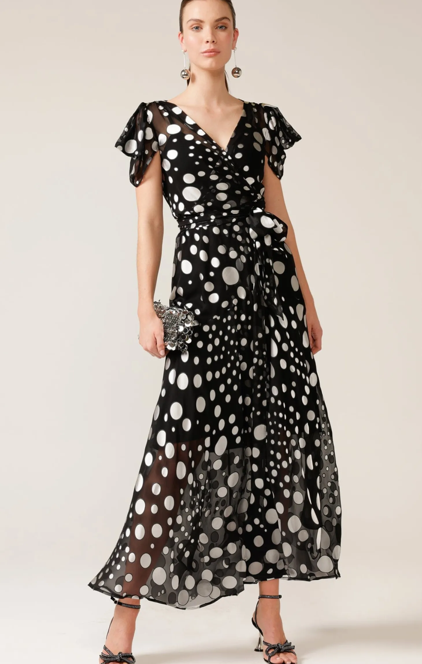 TWILIGHT SHIMMER MAXI WRAP DRESS IN BLACK SILVER SPOT