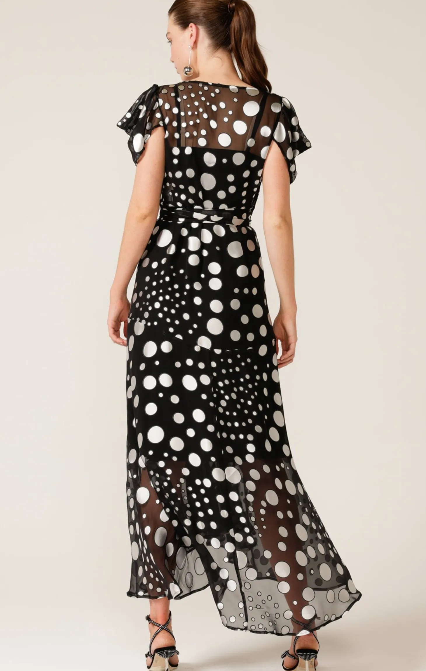 TWILIGHT SHIMMER MAXI WRAP DRESS IN BLACK SILVER SPOT