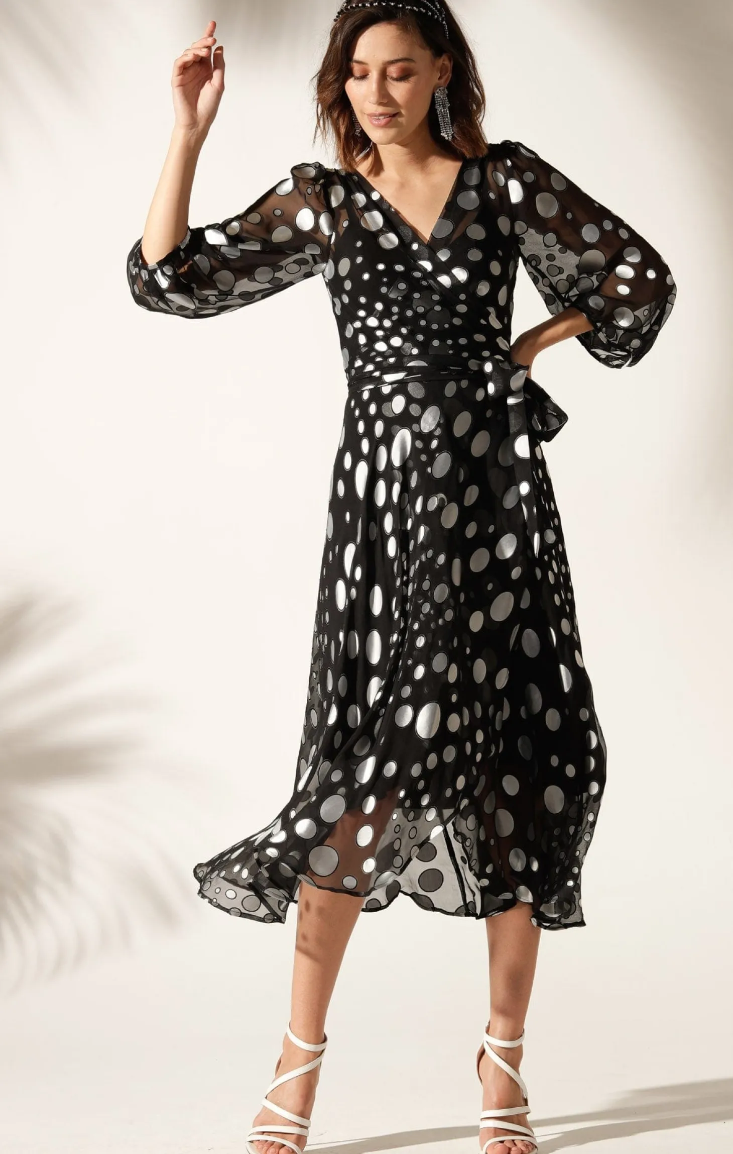 WONDERLAND MIDI WRAP DRESS IN BLACK SILVER SPOT
