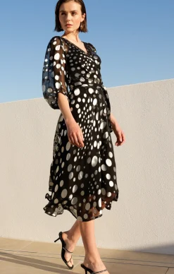 WONDERLAND MIDI WRAP DRESS IN BLACK SILVER SPOT